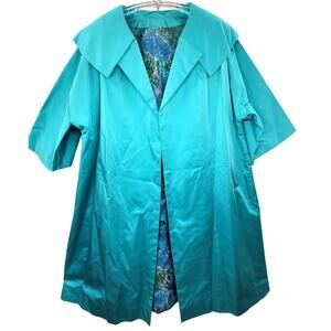 Vintage 60s Blue Satin Swing Coat Floral Lined Jacket Three Quarter Sleeve